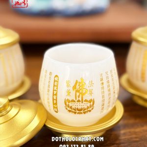 Ly nước thờ cúng bột đá trắng khắc tâm kinh chữ Phật