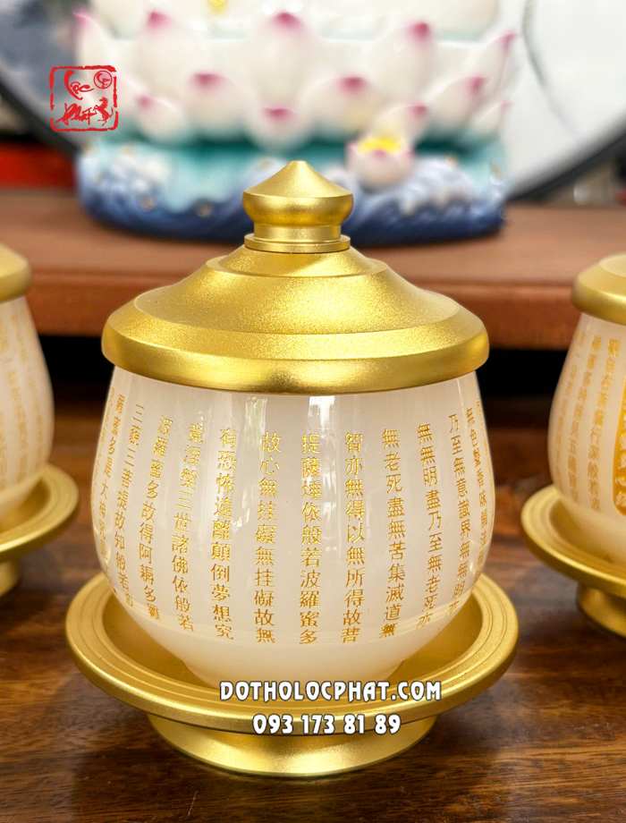 Ly nước thờ cúng bột đá trắng khắc tâm kinh chữ Phật