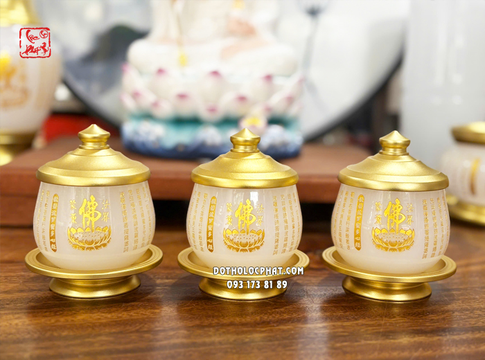 Ly nước thờ cúng bột đá trắng khắc tâm kinh chữ Phật