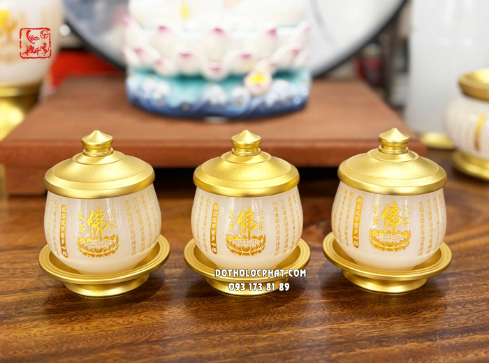 Ly nước thờ cúng bột đá trắng khắc tâm kinh chữ Phật