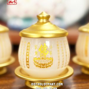 Ly nước thờ cúng bột đá trắng khắc tâm kinh chữ Phật