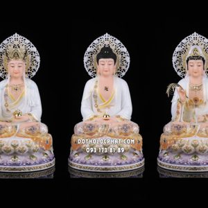 Tượng Ta Bà Tam Thánh bột đá áo trắng viền hoa đế sen tím hào quang lá đề