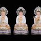 Tượng Ta Bà Tam Thánh bột đá áo trắng viền hoa đế sen tím hào quang lá đề