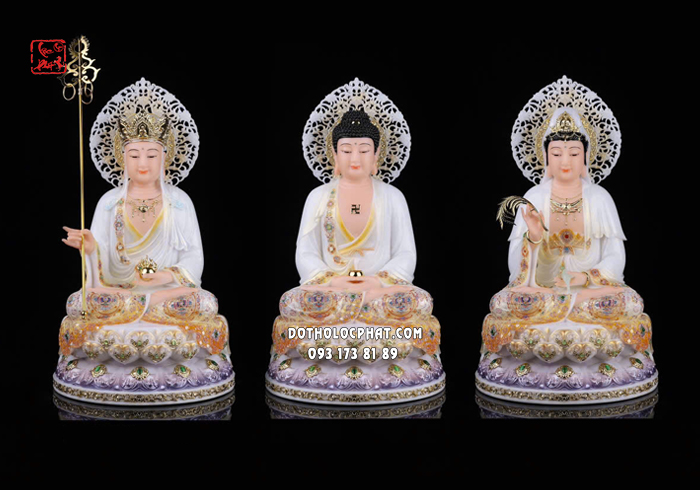 Tượng Ta Bà Tam Thánh bột đá áo trắng viền hoa đế sen tím hào quang lá đề