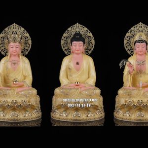 Tượng Ta Bà Tam Thánh thạch anh đế sen viền vàng hào quang lá đề