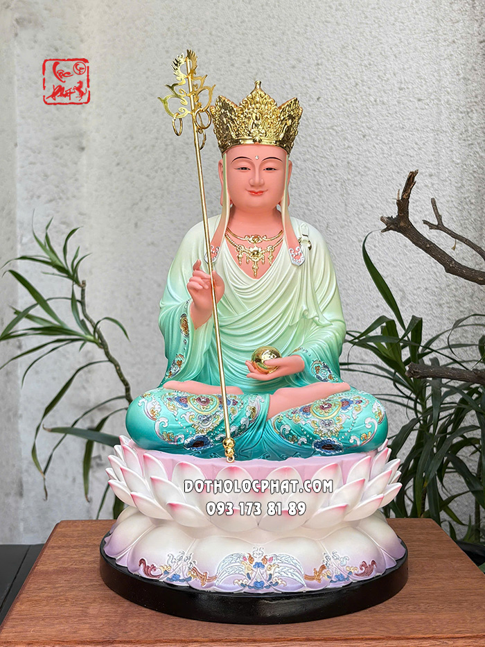 Tượng Địa Tạng Vương Bồ Tát composite áo xanh đế sen hồng