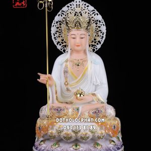 Tượng Địa Tạng Vương Bồ Tát áo trắng cam đế sen viền vàng nạm ngọc