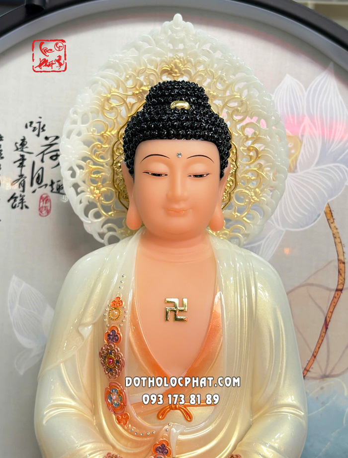 Tượng Phật A Di Đà áo trắng đỏ viền hoa hào quang lá đề