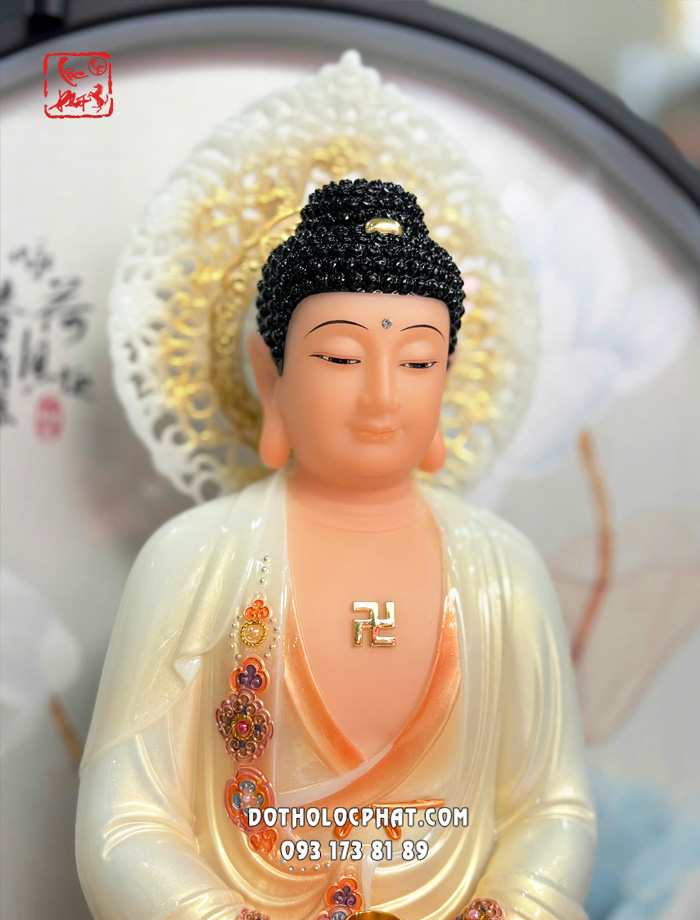 Tượng Phật A Di Đà áo trắng đỏ viền hoa hào quang lá đề