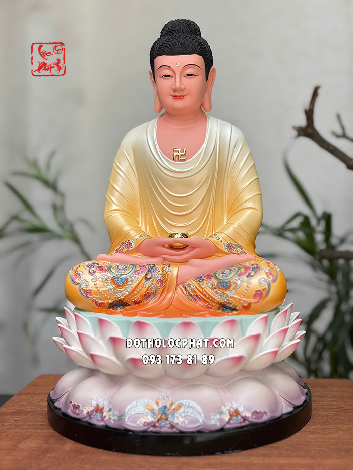Tượng Phật A Di Đà áo vàng đế sen hồng bằng composite