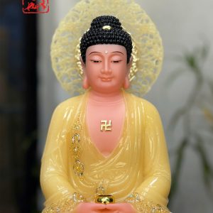Tượng Phật A Di Đà thạch anh đế sen viền vàng nạm ngọc có hào quang