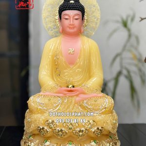 Tượng Phật A Di Đà thạch anh đế sen viền vàng nạm ngọc có hào quang