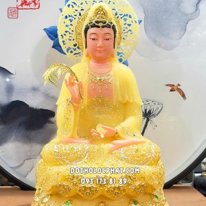 Tượng Quan Âm Bồ Tát thạch anh áo rũ viền hoa đế sen hào quang