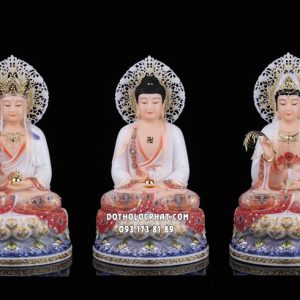 Tượng Ta Bà Tam Thánh áo đỏ viền hoa hào quang đế sen xanh