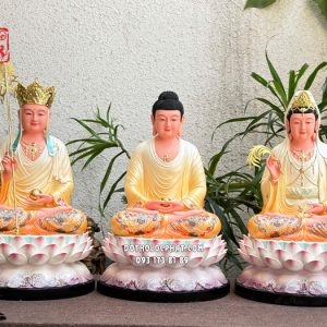 Tượng Ta Bà Tam Thánh áo trắng vàng đế sen hồng bằng composite