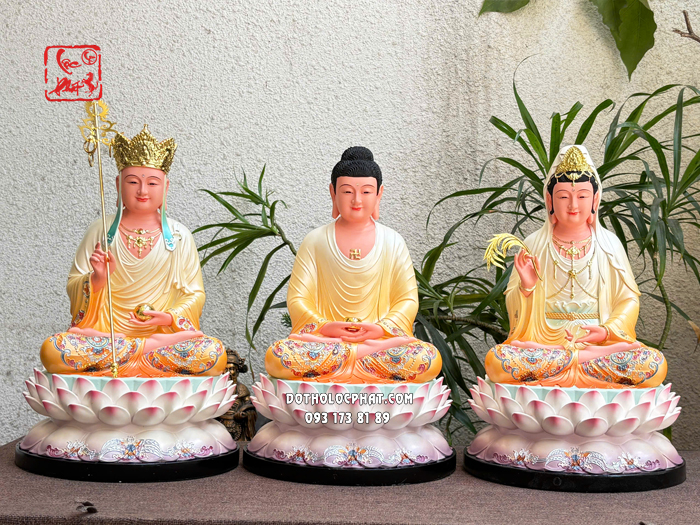 Tượng Ta Bà Tam Thánh áo trắng vàng đế sen hồng bằng composite