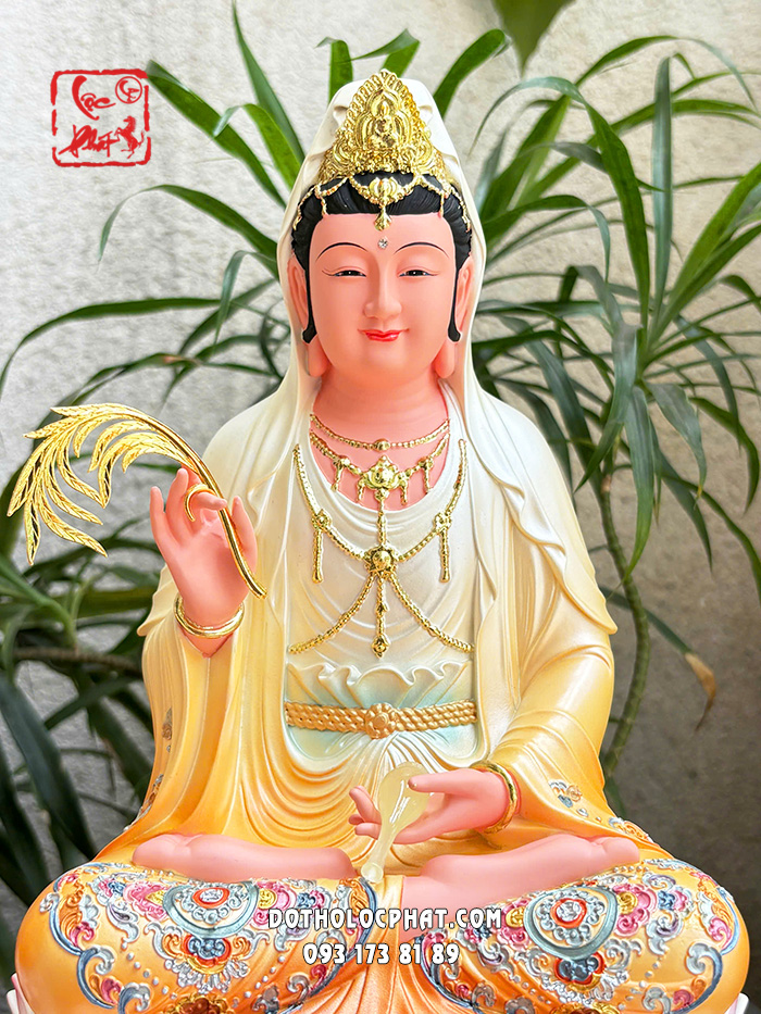 Tượng Ta Bà Tam Thánh áo trắng vàng đế sen hồng bằng composite