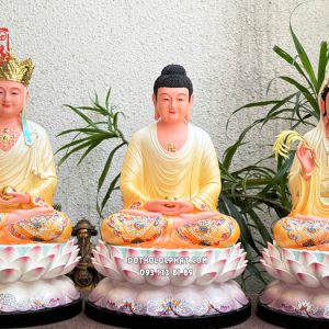Tượng Ta Bà Tam Thánh áo trắng vàng đế sen hồng bằng composite