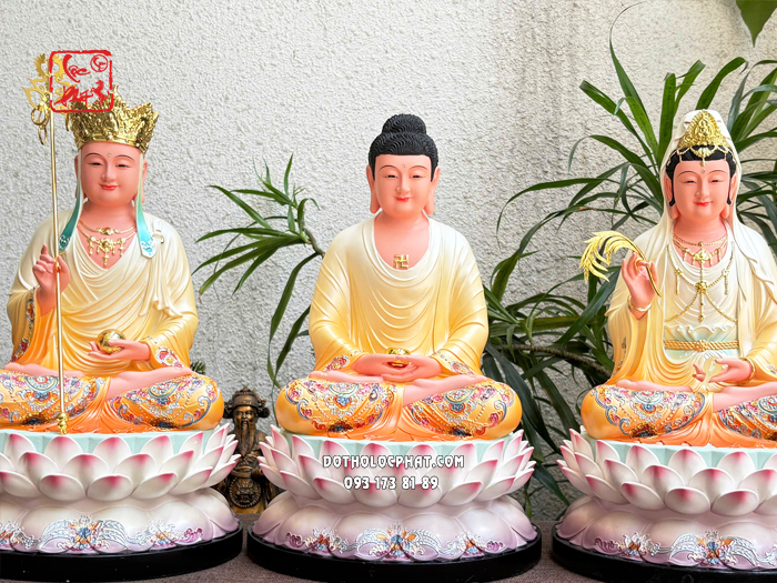 Tượng Ta Bà Tam Thánh áo trắng vàng đế sen hồng bằng composite