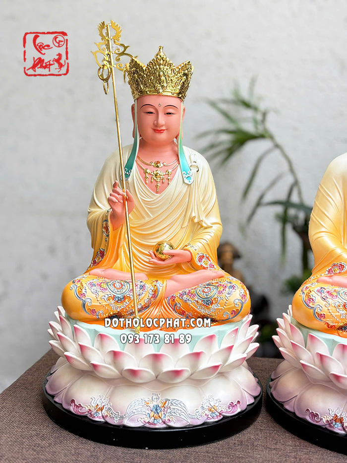 Tượng Ta Bà Tam Thánh áo trắng vàng đế sen hồng bằng composite