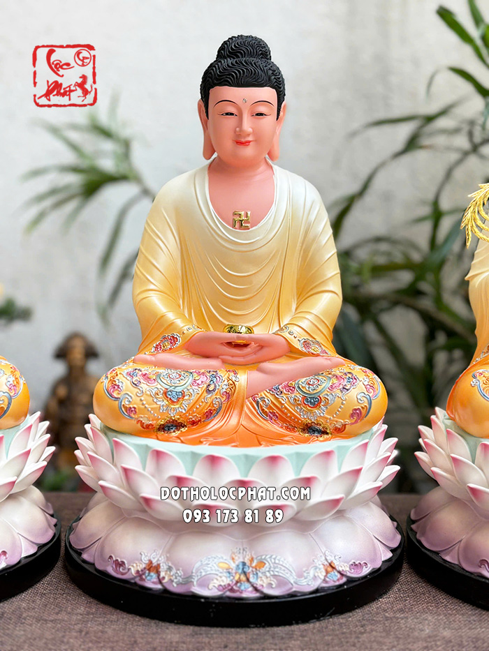 Tượng Ta Bà Tam Thánh áo trắng vàng đế sen hồng bằng composite