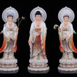 Tượng Tây Phương Tam Thánh đứng y áo trắng cam có hào quang