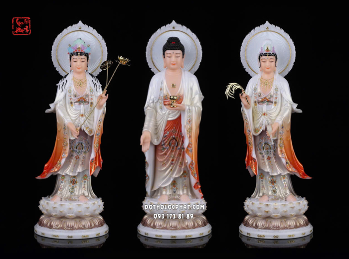Tượng Tây Phương Tam Thánh đứng y áo trắng cam có hào quang
