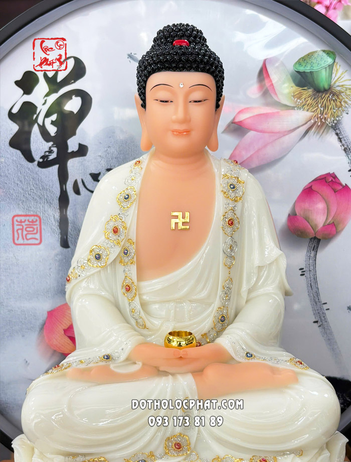 Tượng Phật A Di Đà Áo Trắng Viền Vàng Nạm Ngọc ADD-055