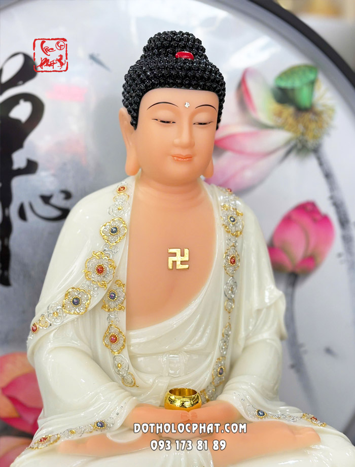Tượng Phật A Di Đà Áo Trắng Viền Vàng Nạm Ngọc ADD-055