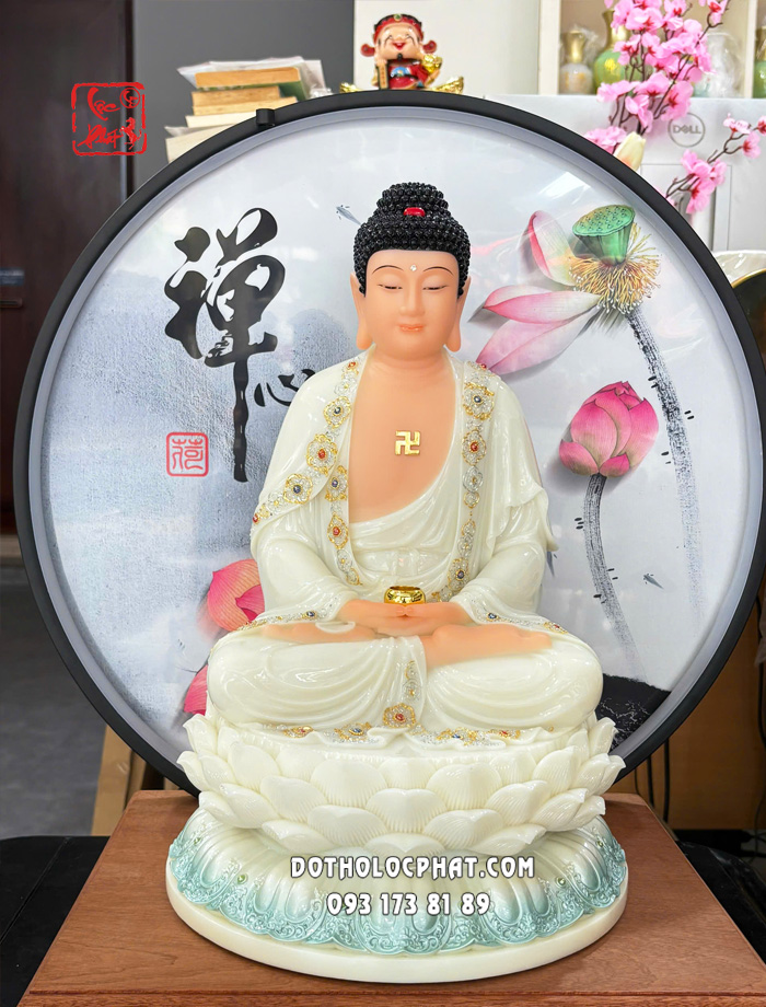 Tượng Phật A Di Đà Áo Trắng Viền Vàng Nạm Ngọc ADD-055