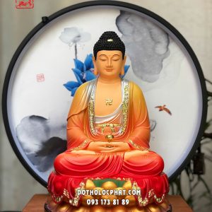 Tượng Phật A Di Đà composite áo đỏ đế sen vàng