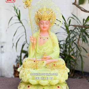 Tượng Địa Tạng Vương Bồ Tát viền vàng nạm ngọc hào quang lá đề