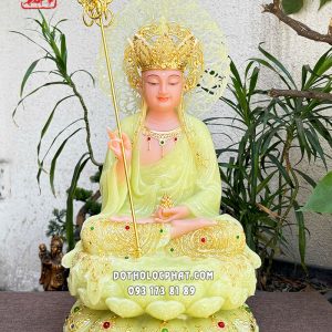 Tượng Địa Tạng Vương Bồ Tát viền vàng nạm ngọc hào quang lá đề