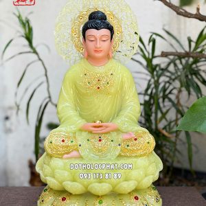 Tượng Phật Thích Ca Mâu Ni thạch ngọc viền vàng nạm ngọc hào quang