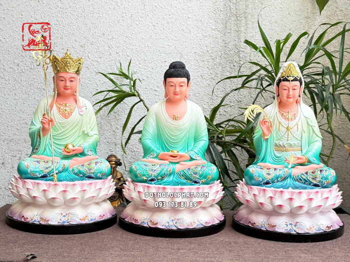 Tượng Ta Bà Tam Thánh composite xanh đế sen nở
