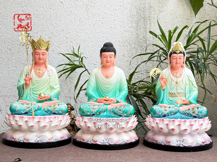 Tượng Ta Bà Tam Thánh composite xanh đế sen nở