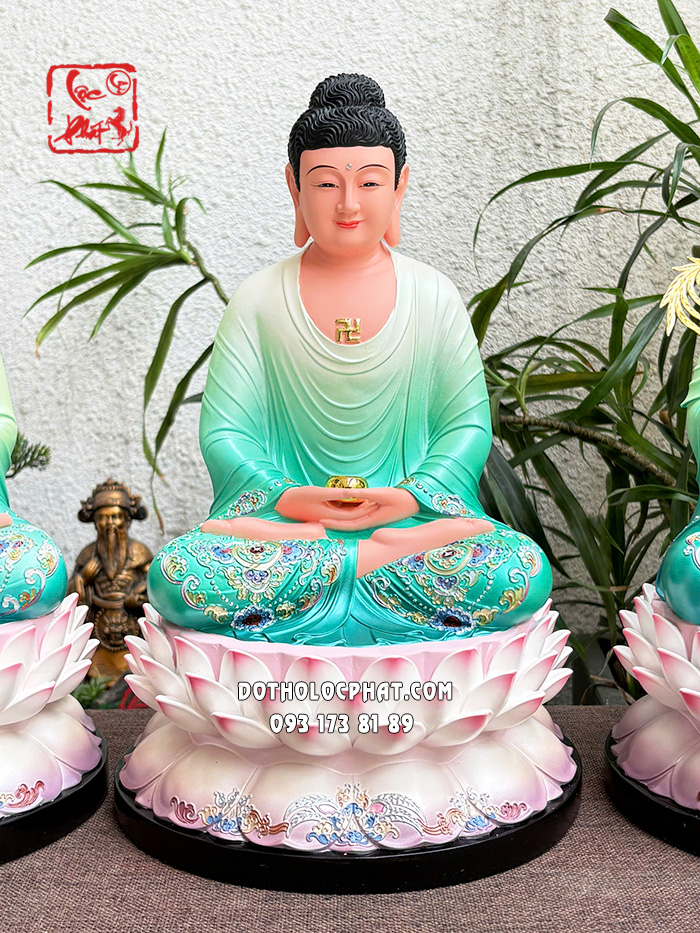 Tượng Ta Bà Tam Thánh composite xanh đế sen nở