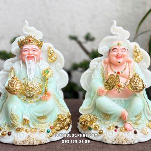 Tượng Thần Tài Ông Địa hũ vàng ngự mây hồ lô xanh ngọc