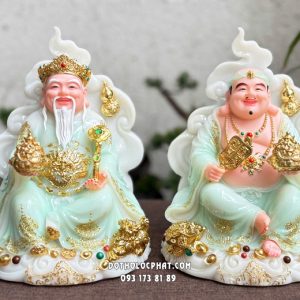 Tượng Thần Tài Ông Địa hũ vàng ngự mây hồ lô xanh ngọc