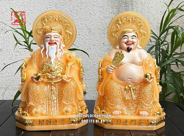 Tượng Ông Địa Thần Tài thạch anh hào quang lưỡng long tranh châu