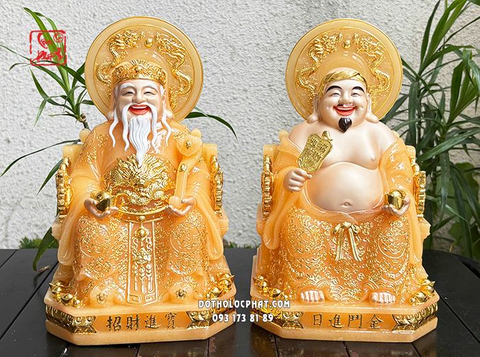 Tượng Ông Địa Thần Tài thạch anh hào quang lưỡng long tranh châu