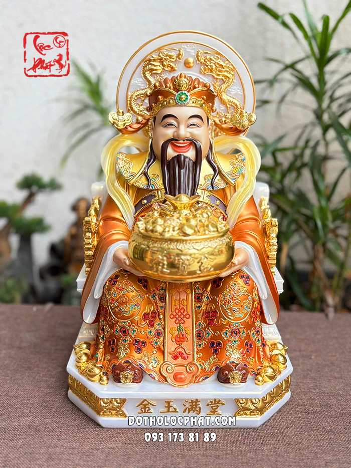 Tượng Thần Tiền áo vàng hào quang song long chầu ngọc