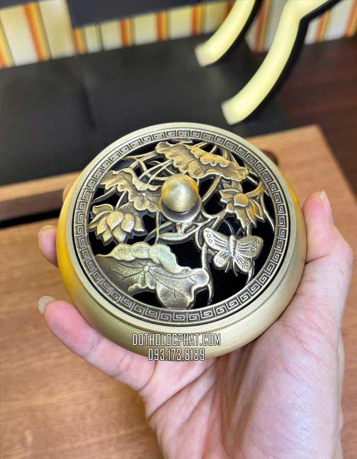 lư đốt trầm đồng sen lá đẹp