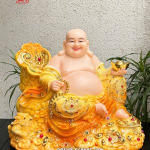 Tượng Phật Di Lặc như ý ngự mây cẩm thạch vàng