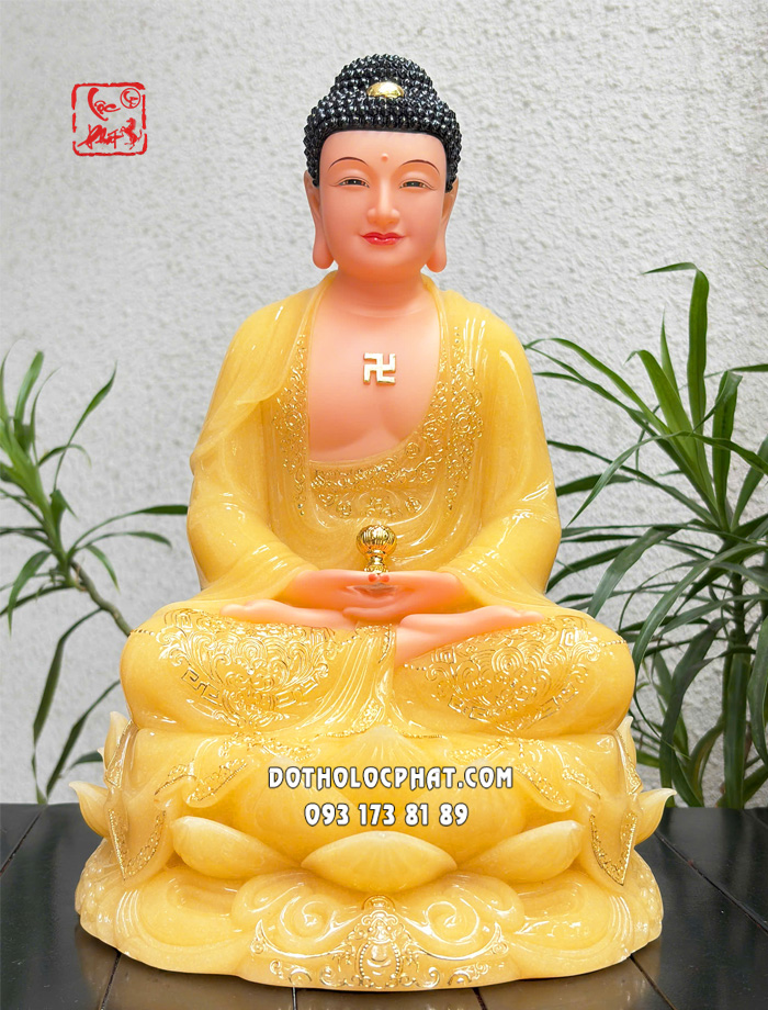 Tượng Phật A Di Đà thạch anh viền vàng họa tiết hoa sen đế sen nở