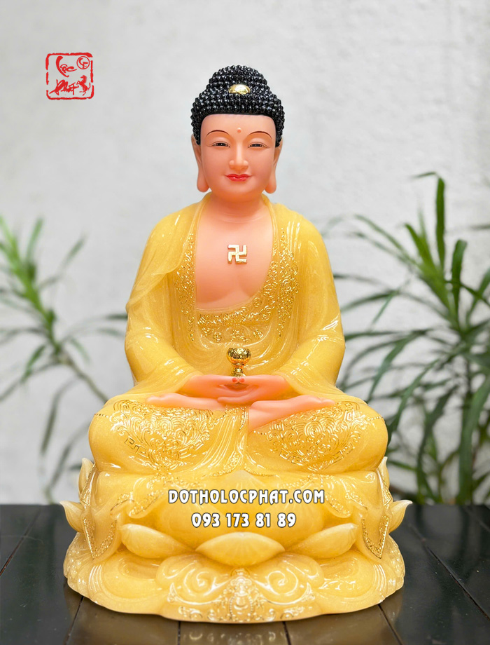 Tượng Phật A Di Đà thạch anh viền vàng họa tiết hoa sen đế sen nở