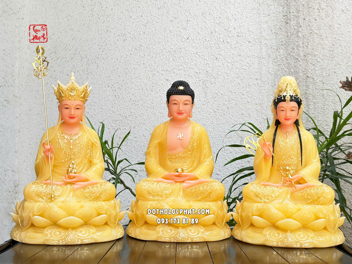 Tượng Ta Ba Tam Thánh thạch anh viền vàng đế sen nở