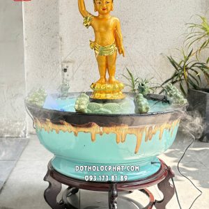 Chậu tắm Phật đản sanh cửu long sứ men xanh kèm tượng