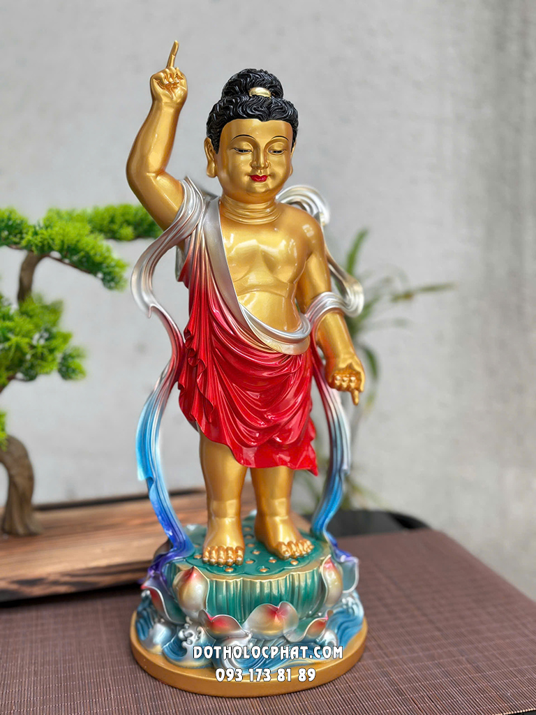 Tượng Phật Đản Sanh Áo Đỏ Đế Sen Sóng Nước Poly PDS-022