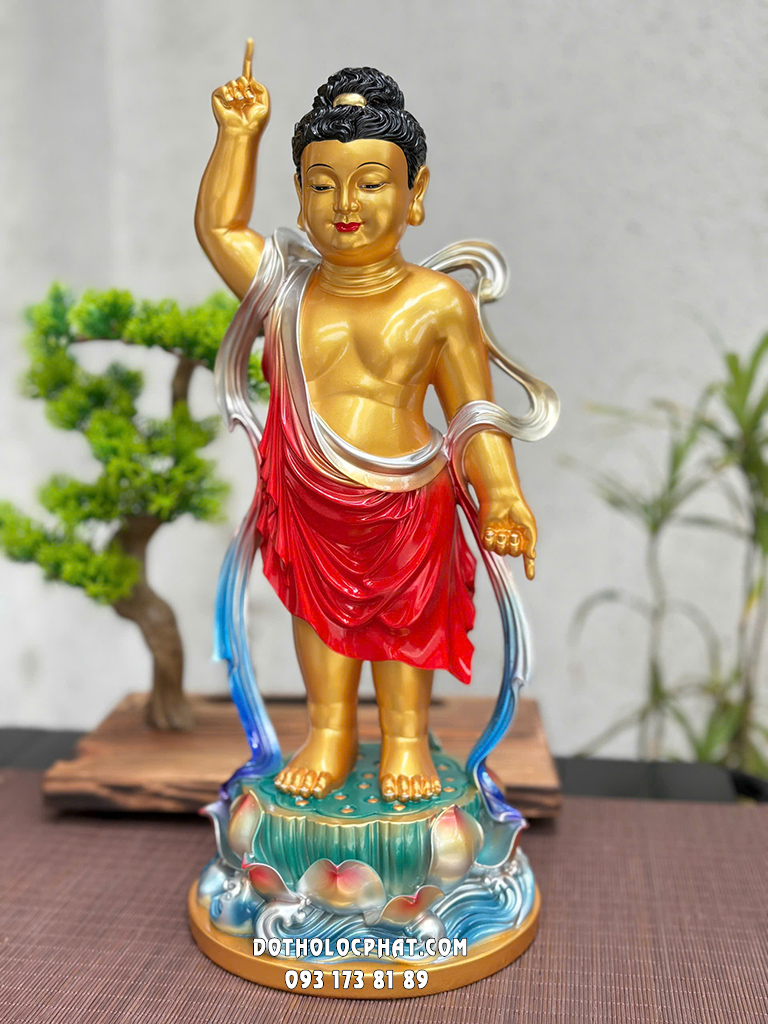 Tượng Phật Đản Sanh Áo Đỏ Đế Sen Sóng Nước Poly PDS-022